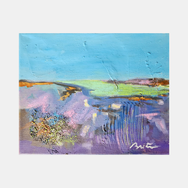 Toile abstraite colorée : ciel bleu, nuages pastel et paysages texturés