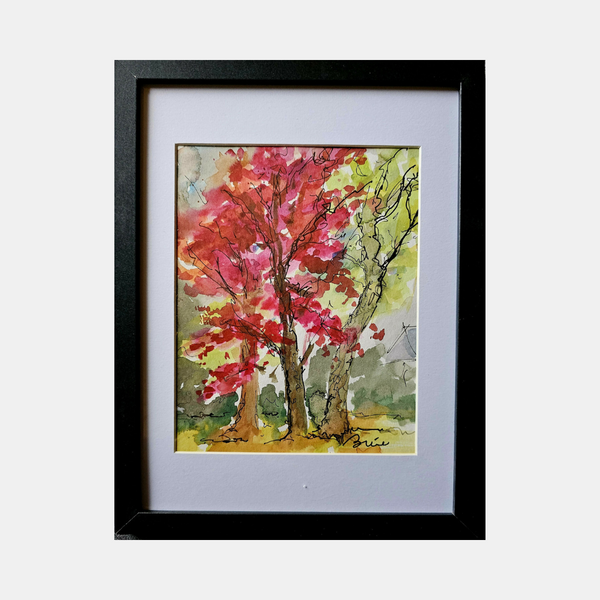 Tableau encadré : illustration aquarelle d’un arbre d’automne aux couleurs chaudes