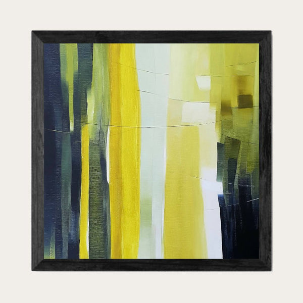 Tableau abstrait encadré, traits vert jaune et bleus foncés sur fond clair
