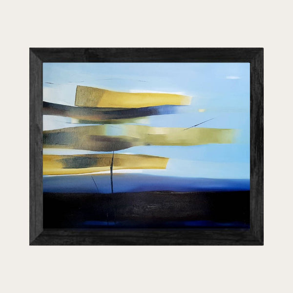 Tableau abstrait encadré noir, aplats jaune et bleu sur fond sombre
