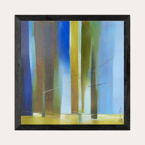 Tableau abstrait encadré, traits vert, bleu et jaune sur fond clair