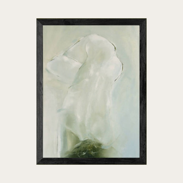Toile abstraite Grand Nu, formes blanches et vert pâle dans un cadre sombre
