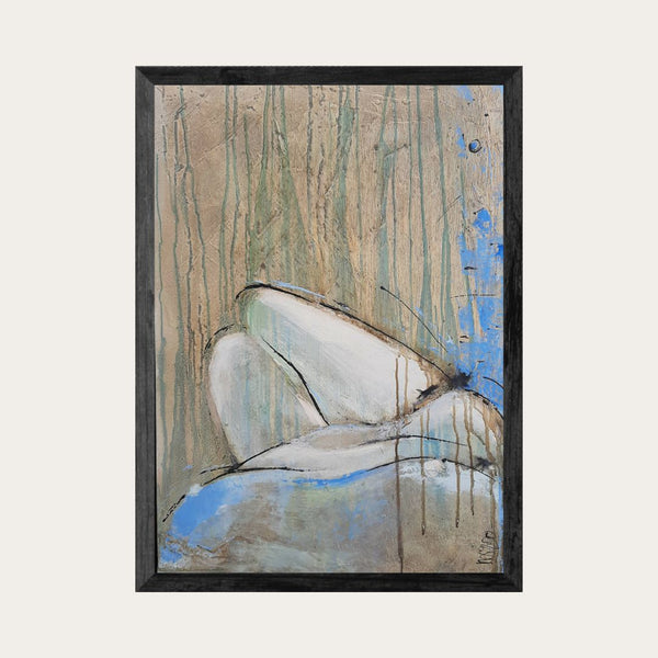 Tableau abstrait encadré, personnage allongé aux tons beige, bleu et vert