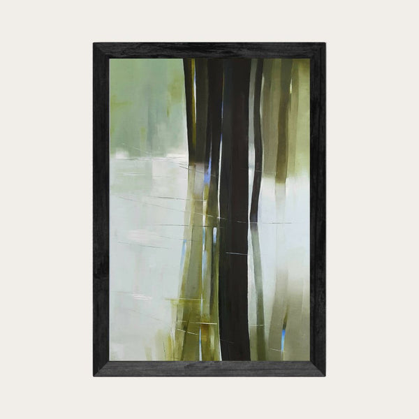 Toile abstraite encadrée, traits vert clair et noir