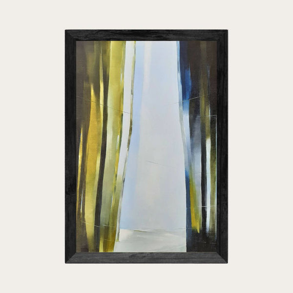 Tableau abstrait encadré noir, troncs stylisés vert et jaune, touches bleues sur fond clair