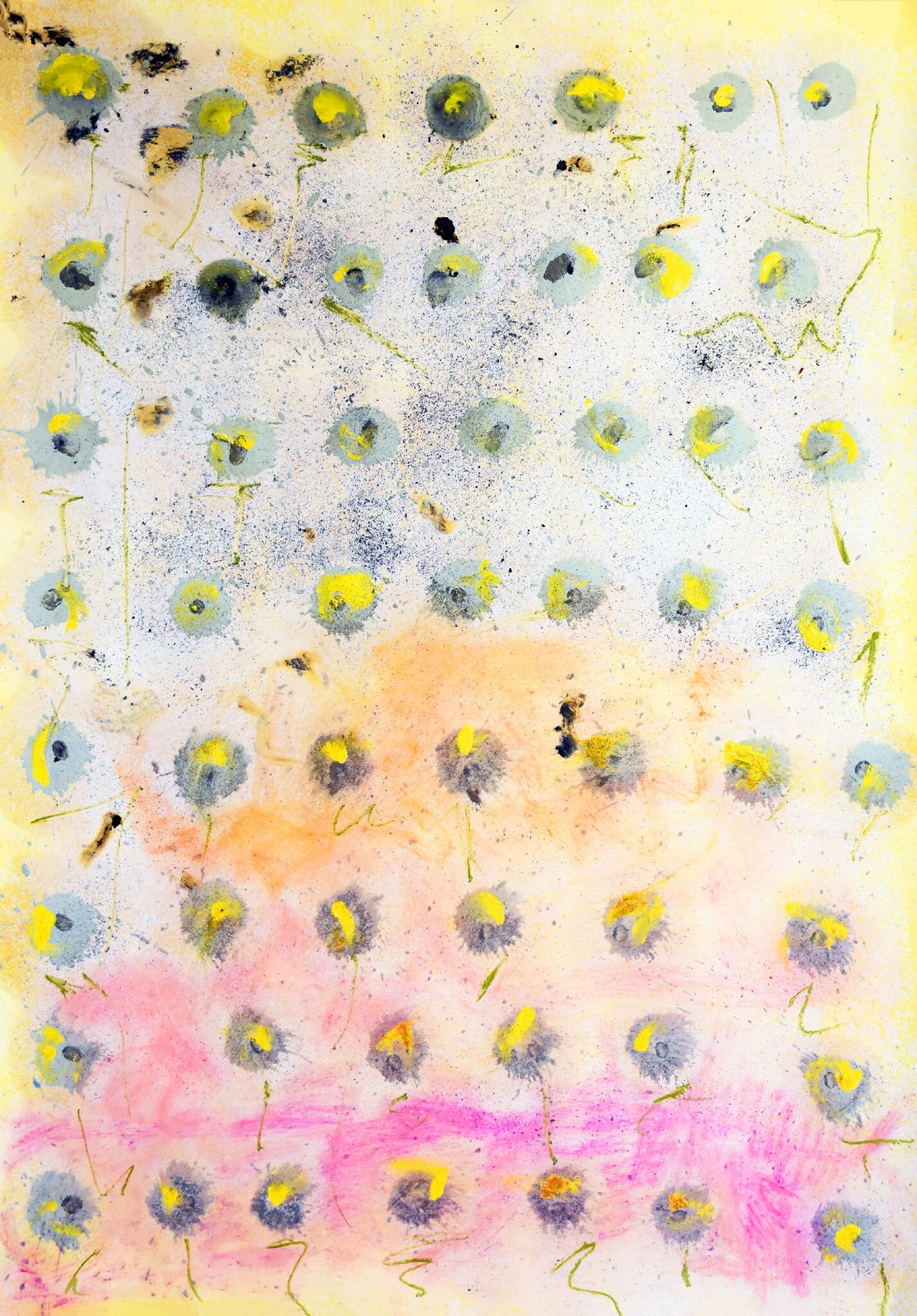 Illustration abstraite à points multicolores sur fond clair, touches jaunes et roses
