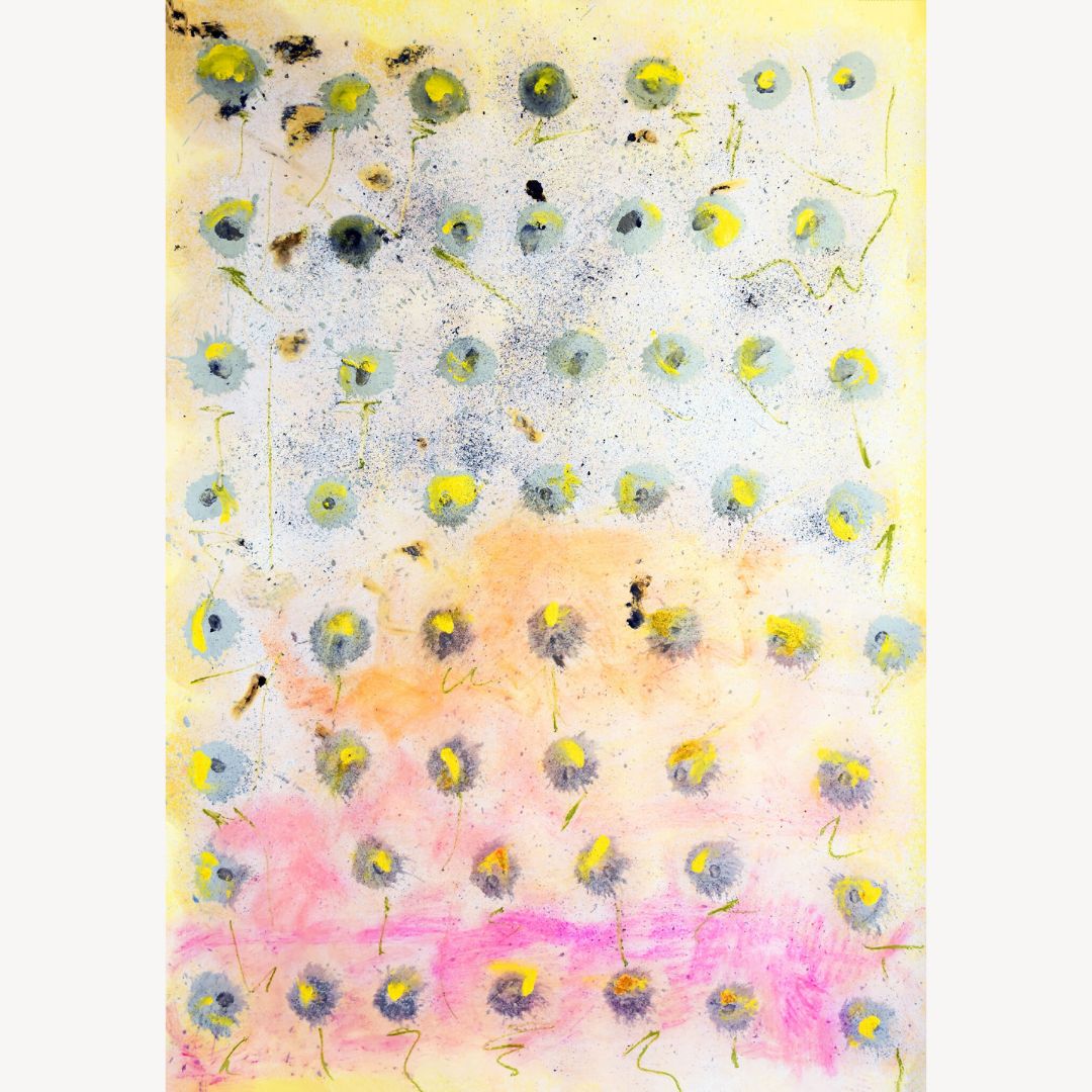 Illustration abstraite à points multicolores sur fond clair, touches jaunes, bleues et roses