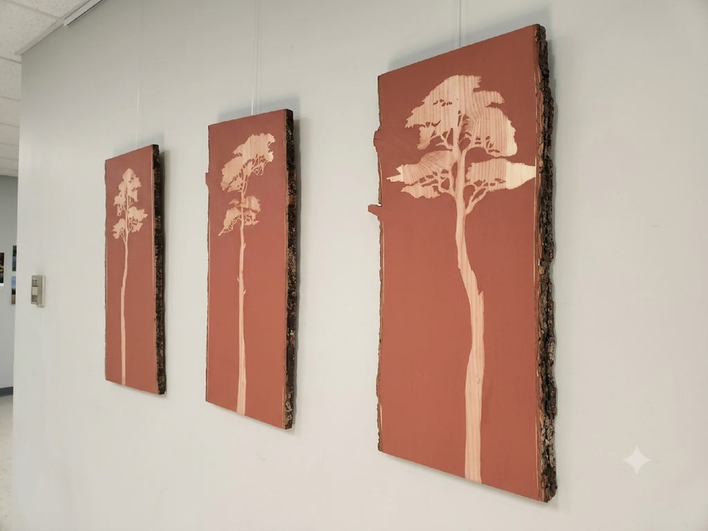 Triptyque Méditerranée : 3 panneaux verticaux sur toile, fond terracotta, arbre blanc
