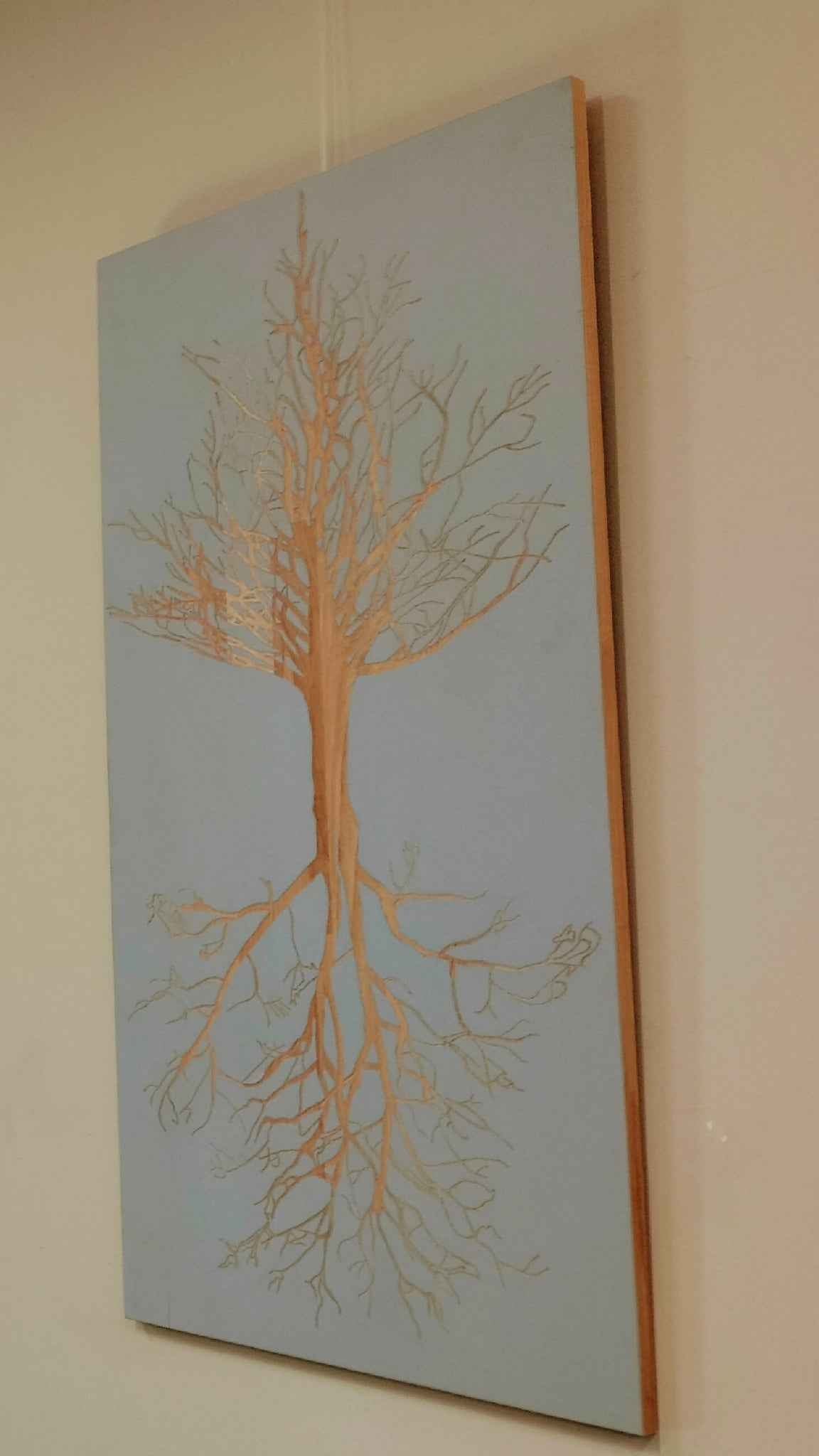 Tableau encadré « arbre de vie » : arbre aux branches dorées sur fond bleu clair