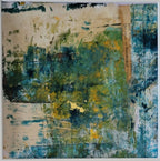 Tableau abstrait texturé bleu-vert, jaune et bleu, toile beige, cadre clair.