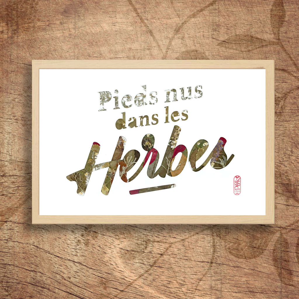 Tableau A4 encadré, typographie « Pieds nus dans les Herbes » en plantes séchées