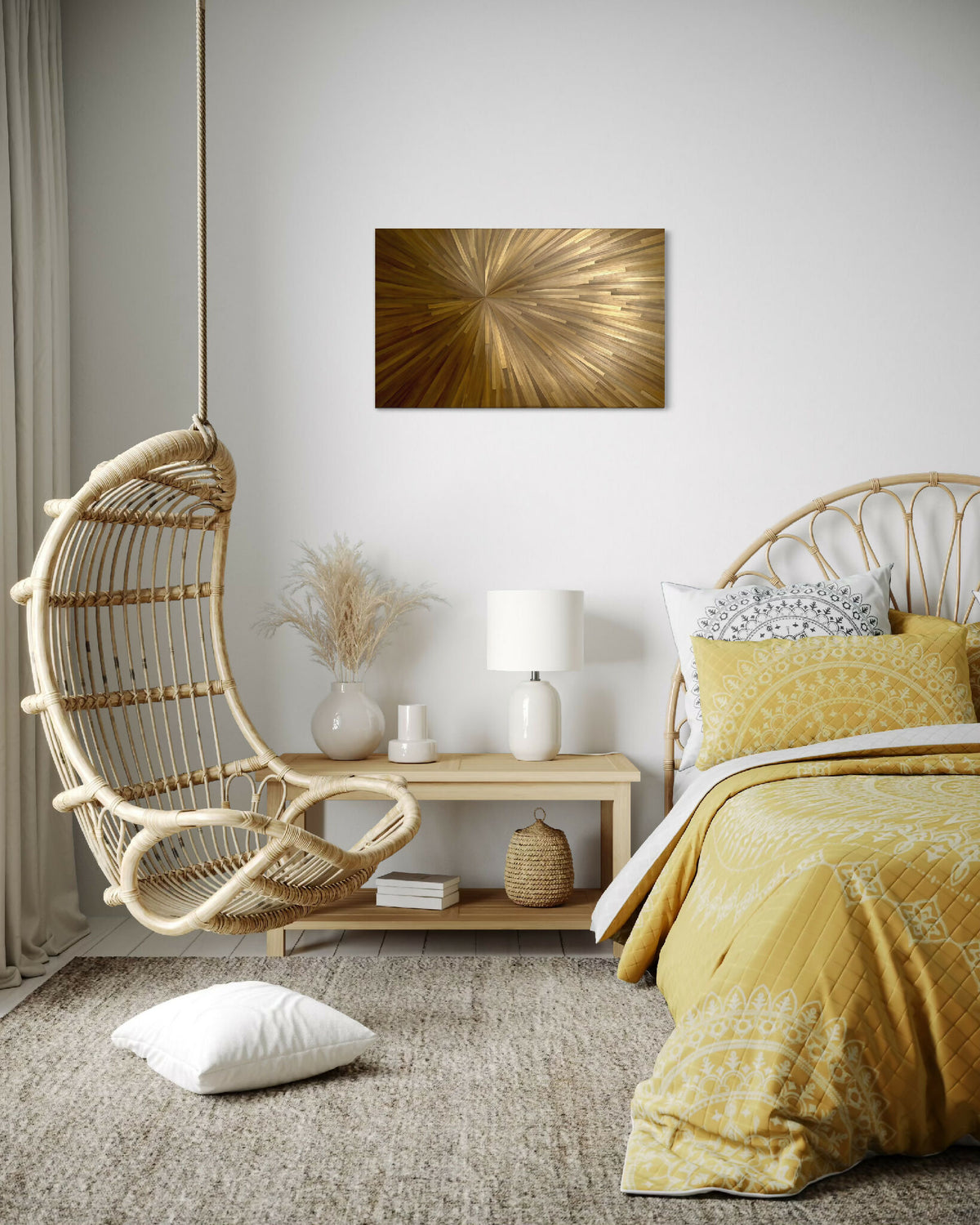 Tableau mural horizontal à rayons soleil, finitions bronze doré, cadre fin.