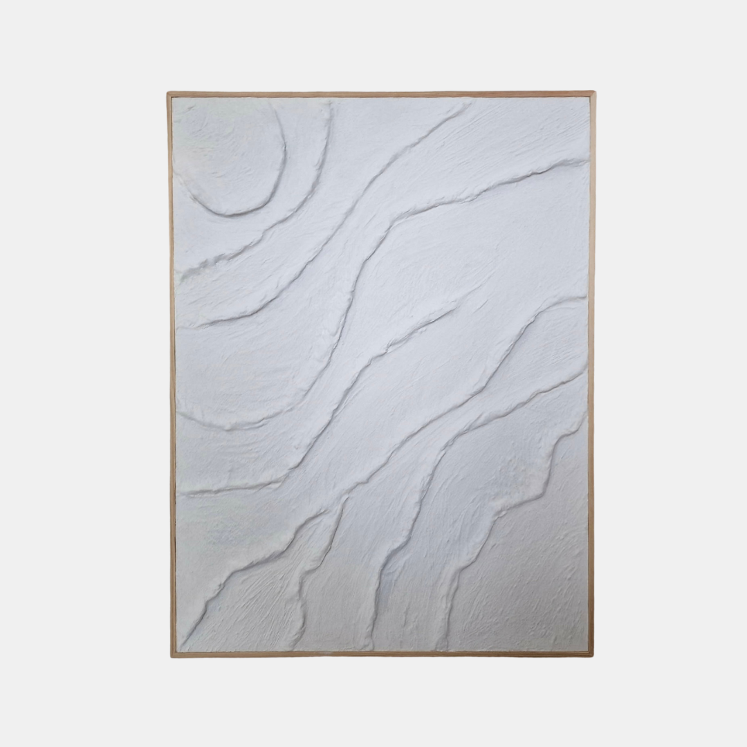Tableau texturé blanc carré, relief ondulé avec lignes marquées, cadre bois