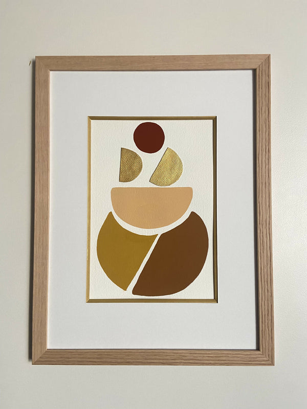 Tableau abstrait encadré bois, composition géométrique beige, ocre et brun