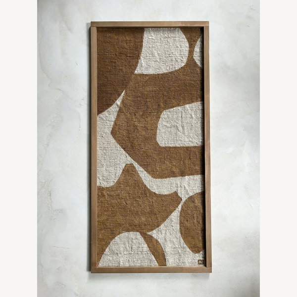 Tableau abstrait brun et blanc en cadre bois rectangulaire