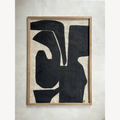 Tableau abstrait Kawi, cadre en bois clair : grandes formes noires géométriques sur fond beige.