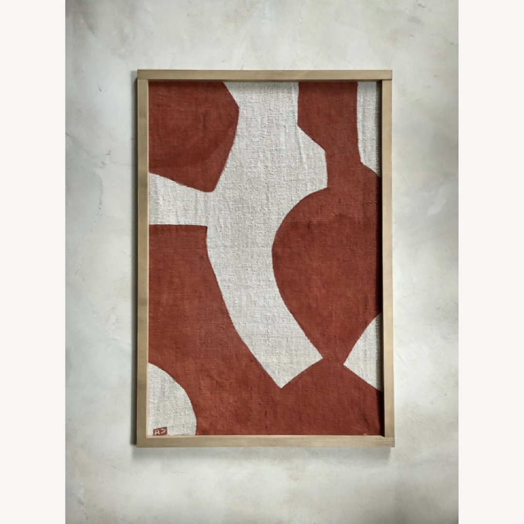 Tableau Jacite en cadre bois rectangulaire, motifs rouge brique et crème