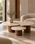 Set of travertine and beech wood coffee tables