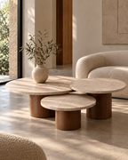 Set of travertine and beech wood coffee tables