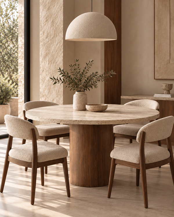 Table en travertin et pied en bois de hêtre