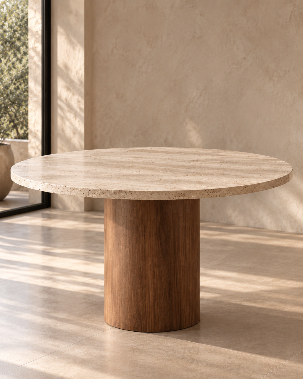 Travertine table with beech wood base