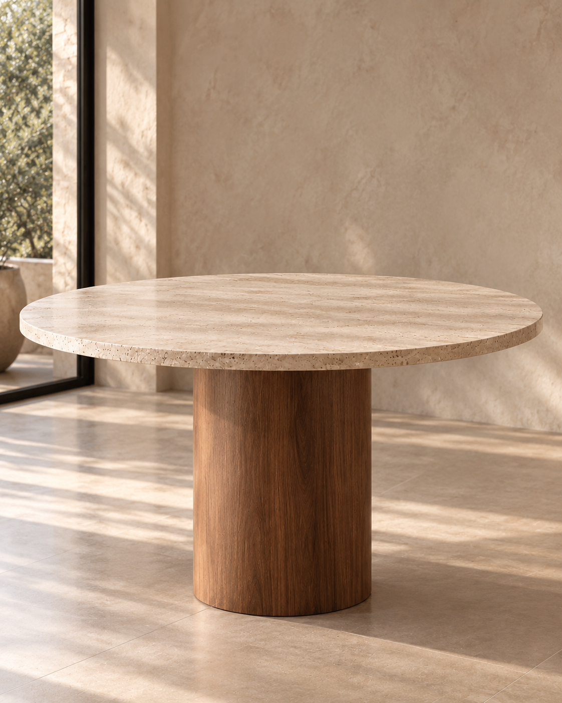Table en travertin et pied en bois de hêtre
