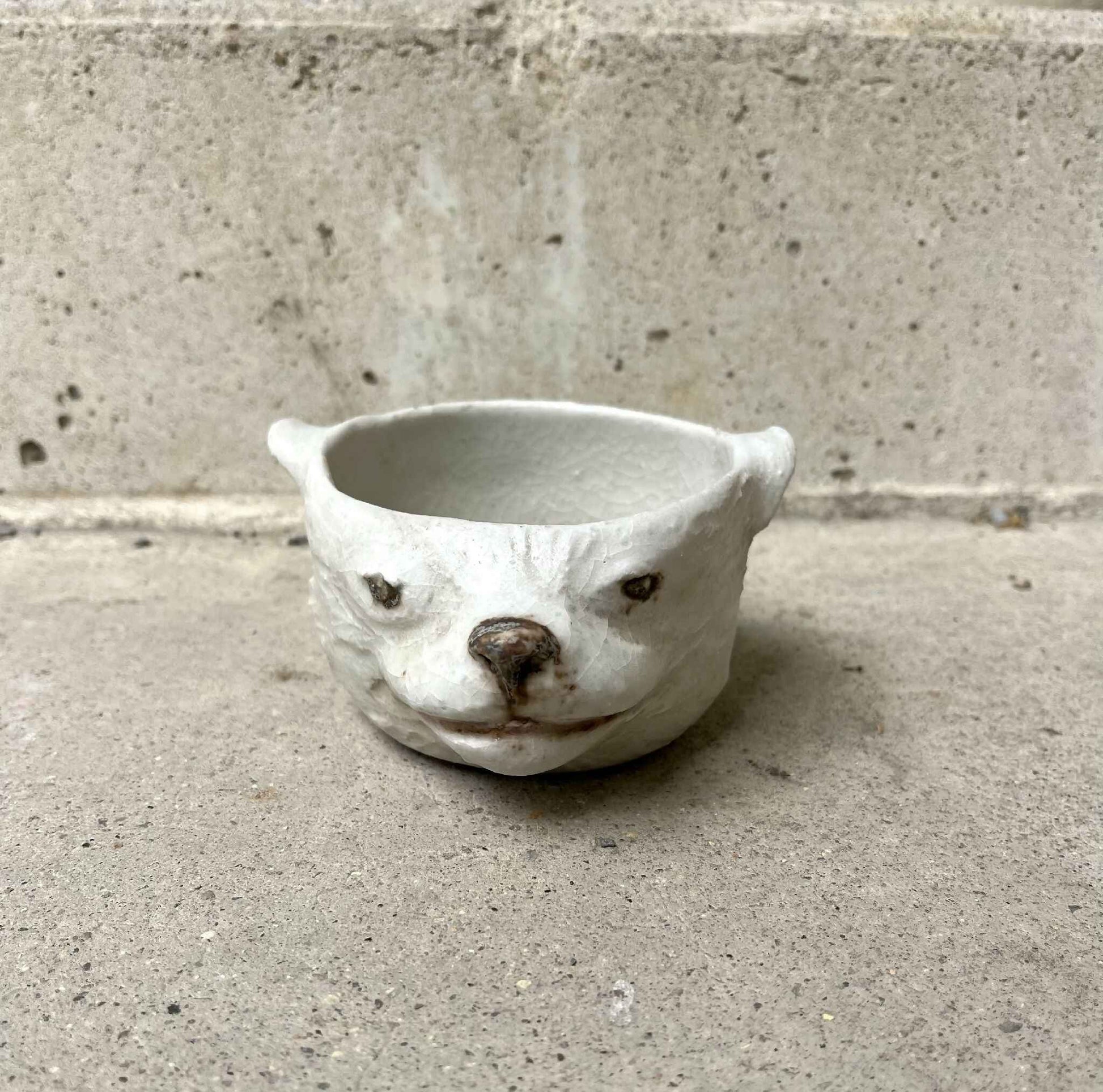 Bol en céramique blanc en forme de tête de chat, relief du museau