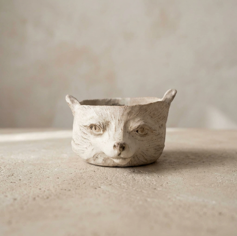 Bol en céramique renard des neiges, blanc, visage sculpté, bord évasé