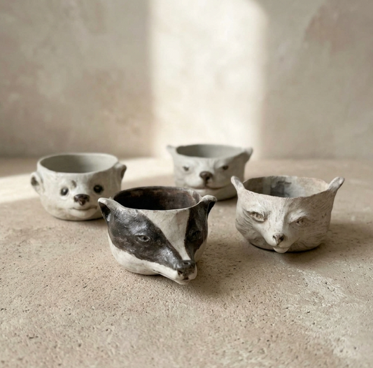 Lot de bols en céramique têtes de chat, blanc et gris, museaux visibles.