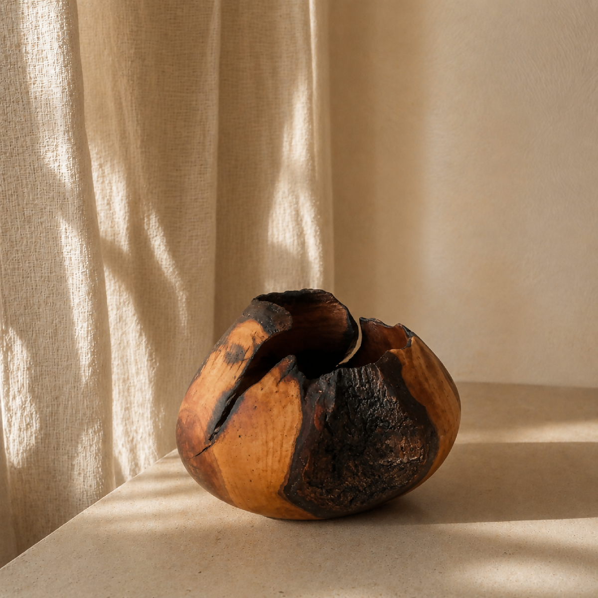 Bol décoratif en bois, teintes miel et orange, éclats noirs visibles sur l’ouverture.