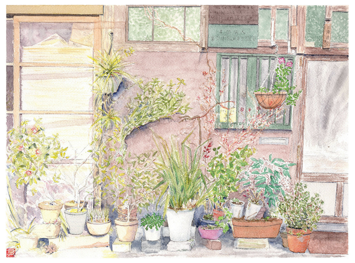 Tableau d’illustration de jardin en pots, couleurs pastel, sans cadre visible