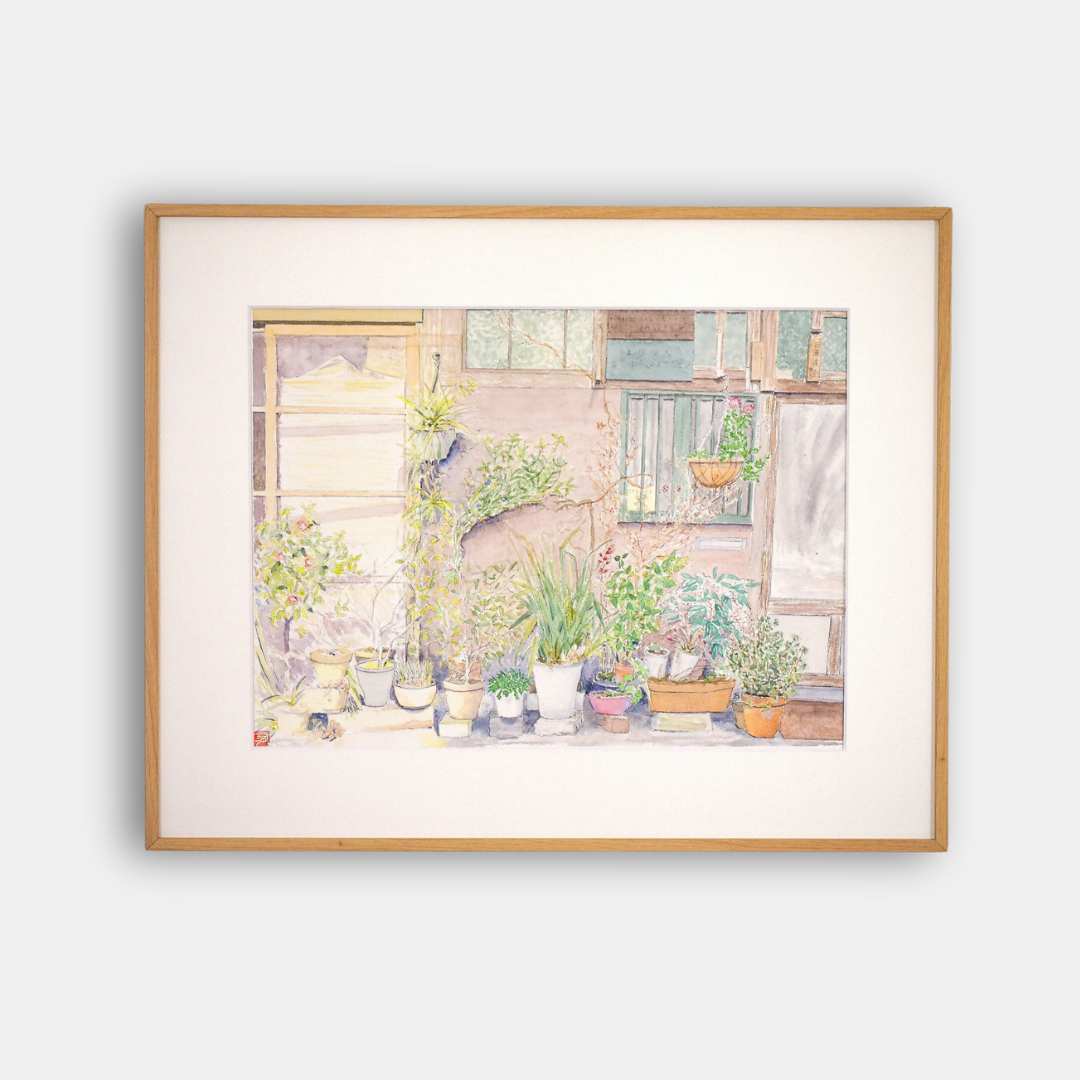 Affiche encadrée d’art « Jardin quotidien » : scène de jardin avec pots et fleurs.