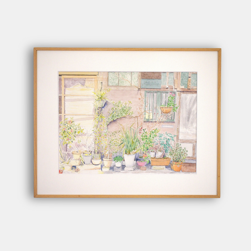 Affiche encadrée d’art « Jardin quotidien » : scène de jardin avec pots et fleurs.