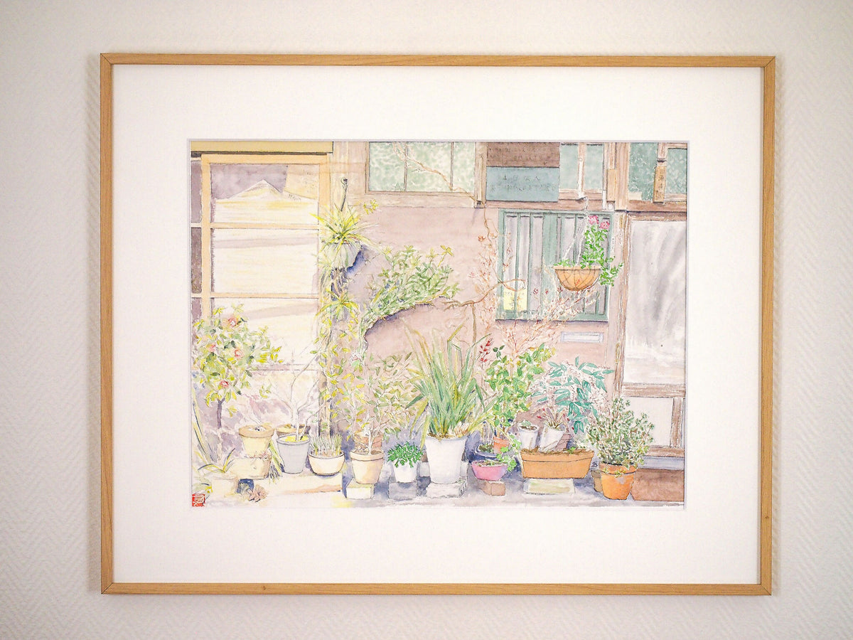 Tableau d’illustration de jardin en pots, cadre en bois clair