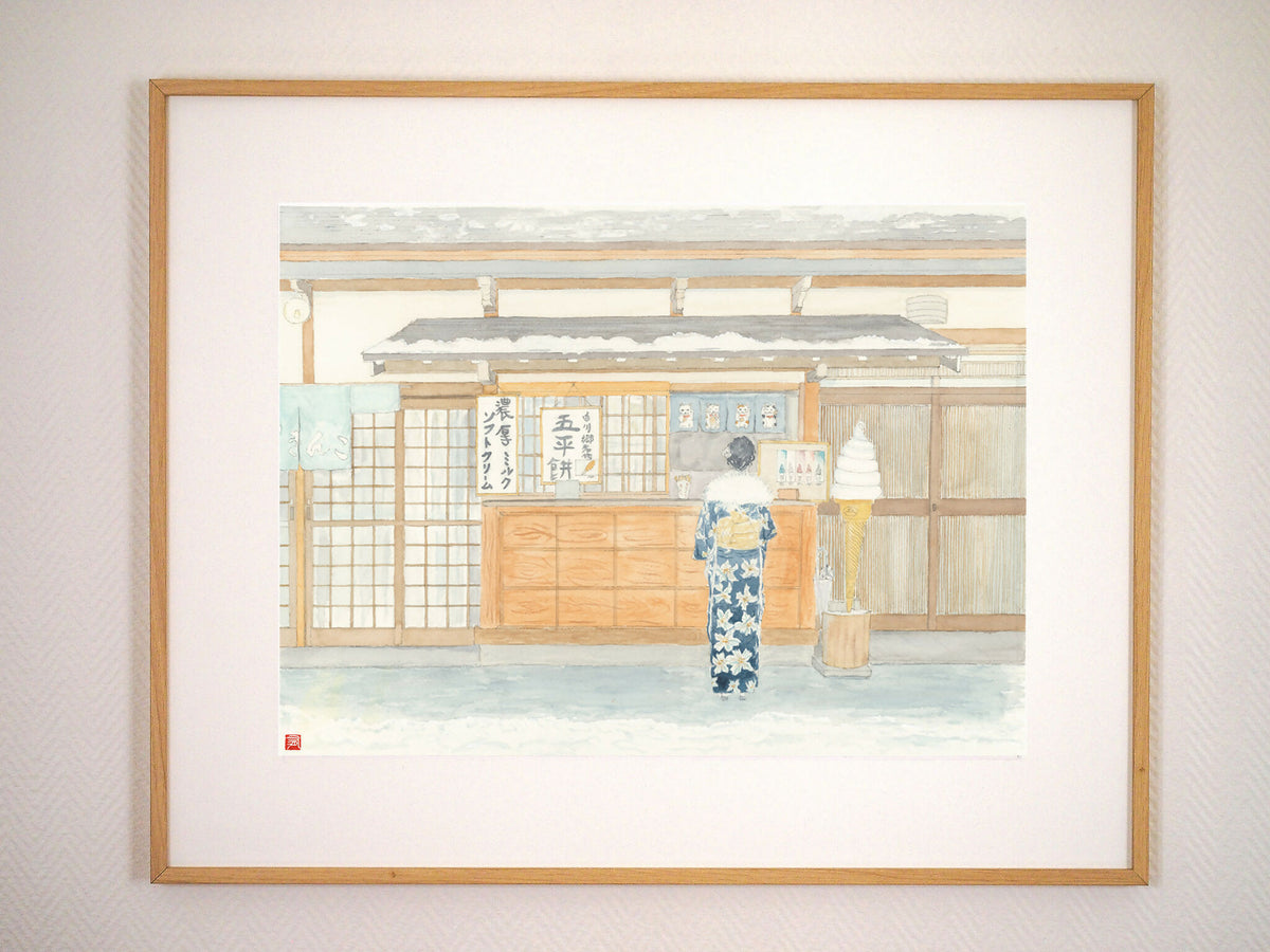 Impression d’art encadrée sur mur, scène enneigée japonaise avec kimono bleu