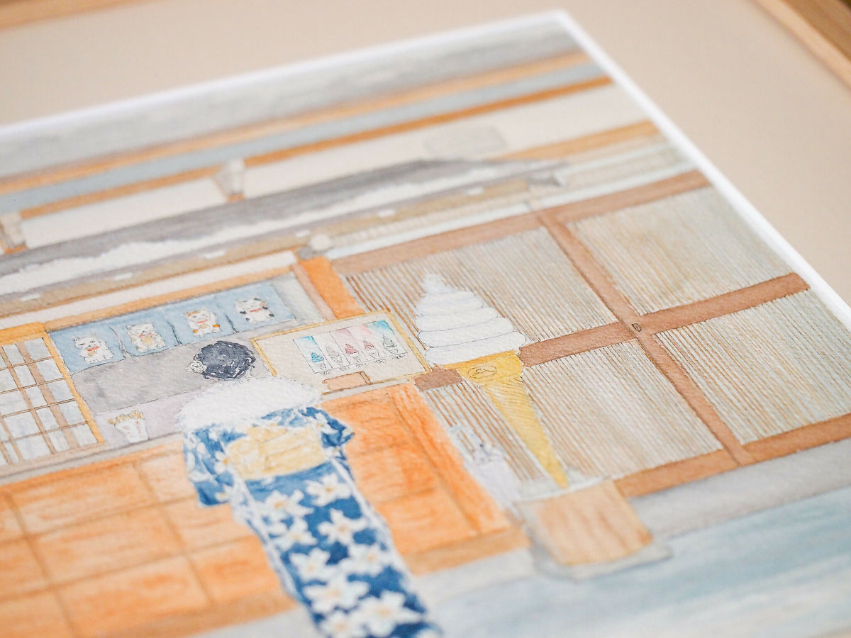 Détail de l’impression : personnage en kimono bleu sur sol enneigé