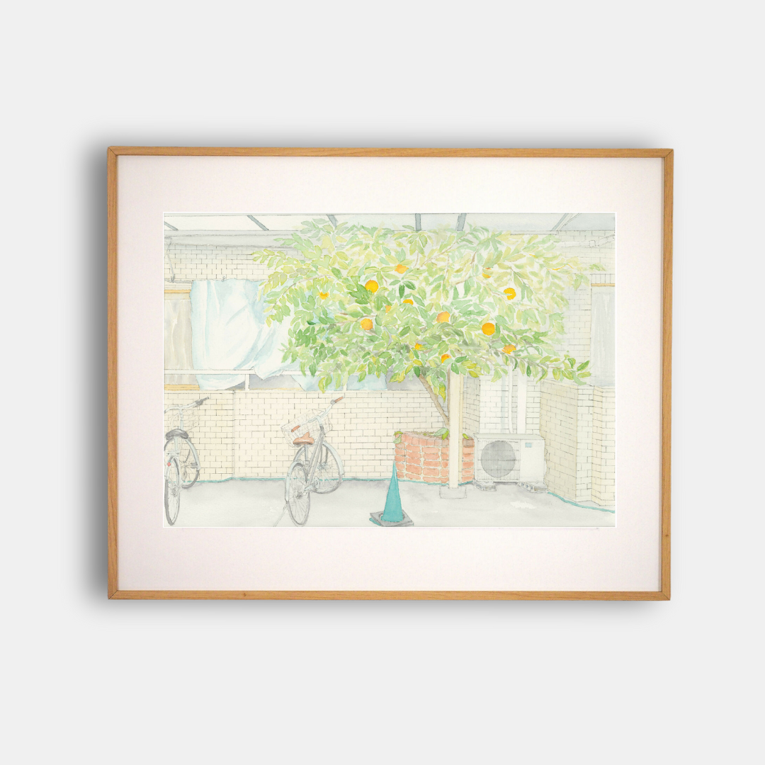 Affiche encadrée "L'ORANGER DU PATIO" : jardin avec arbre et vélos