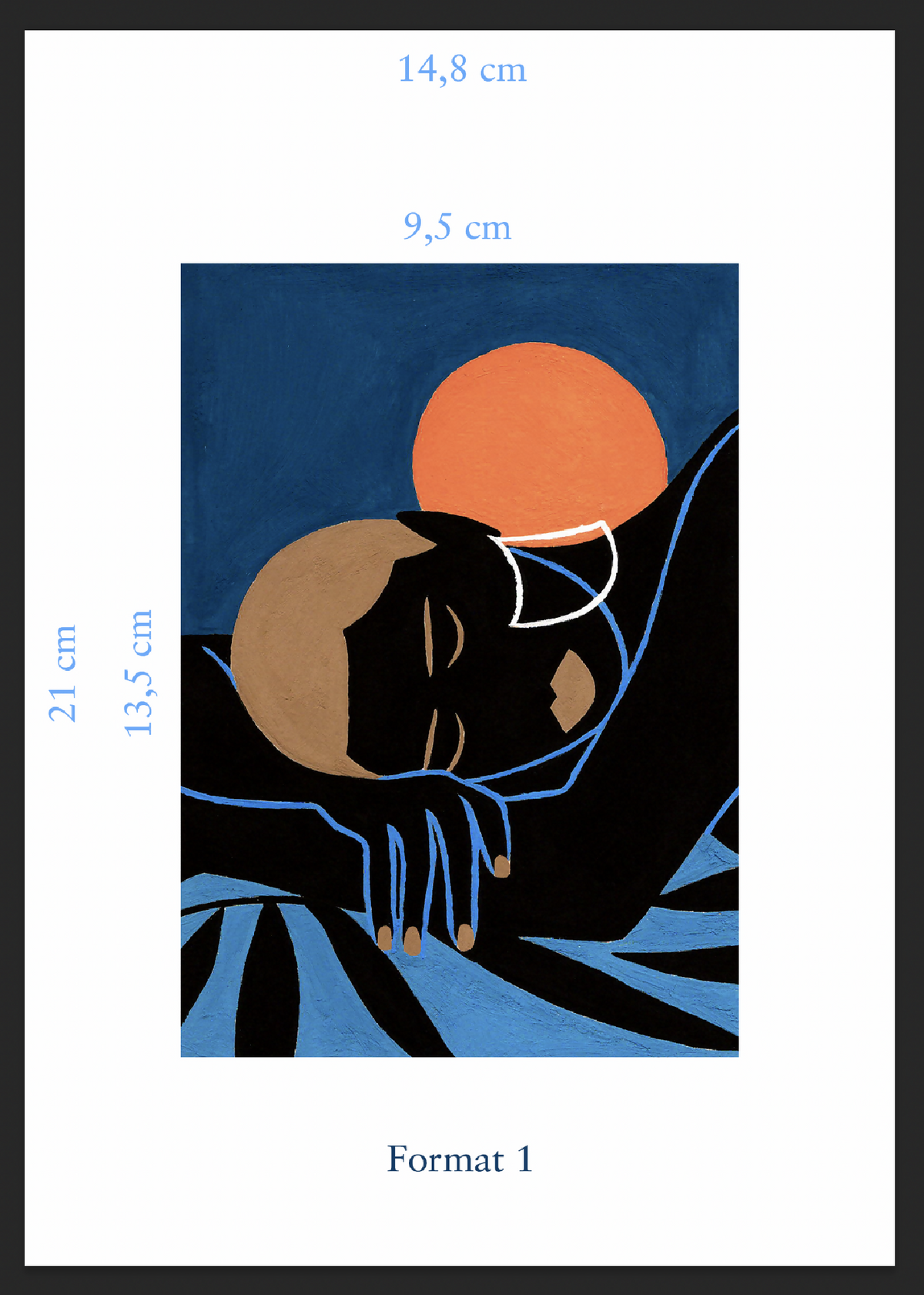 Tirage d’art encadré : personnage noir, soleil orange et lignes bleues sur fond bleu