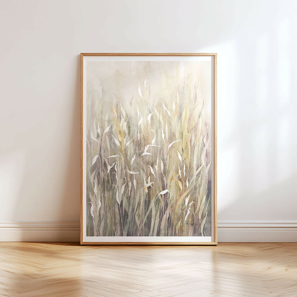 Aquarelle originale de herbes folles, dans un cadre en bois clair.