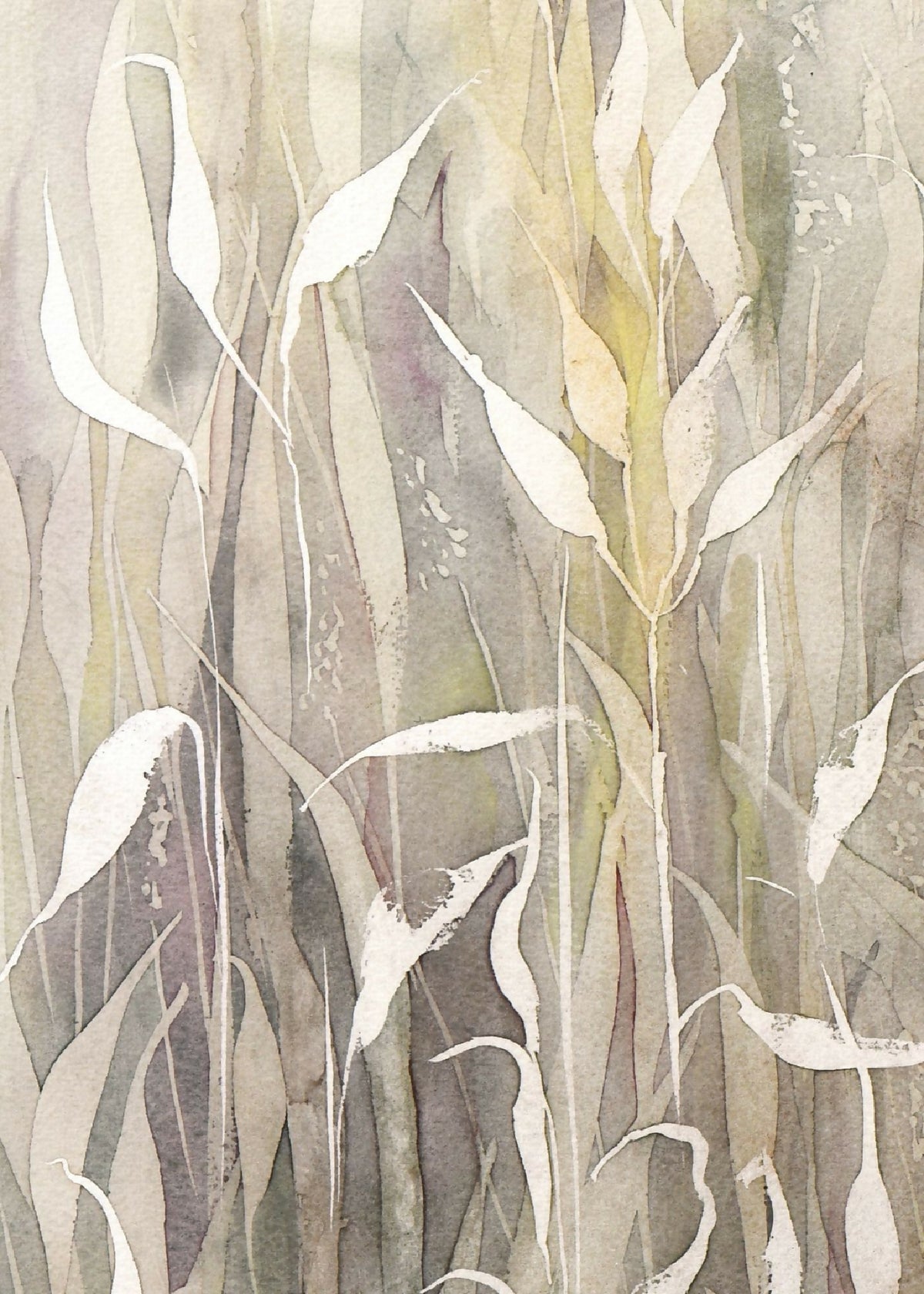 Détail d’aquarelle abstraite de hautes herbes aux tons gris, beiges et verts.