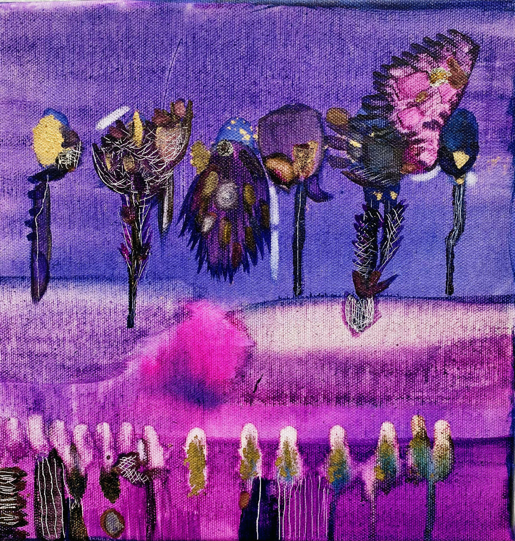 Toile abstraite SONIA D. avec silhouettes florales stylisées en couleurs vives.