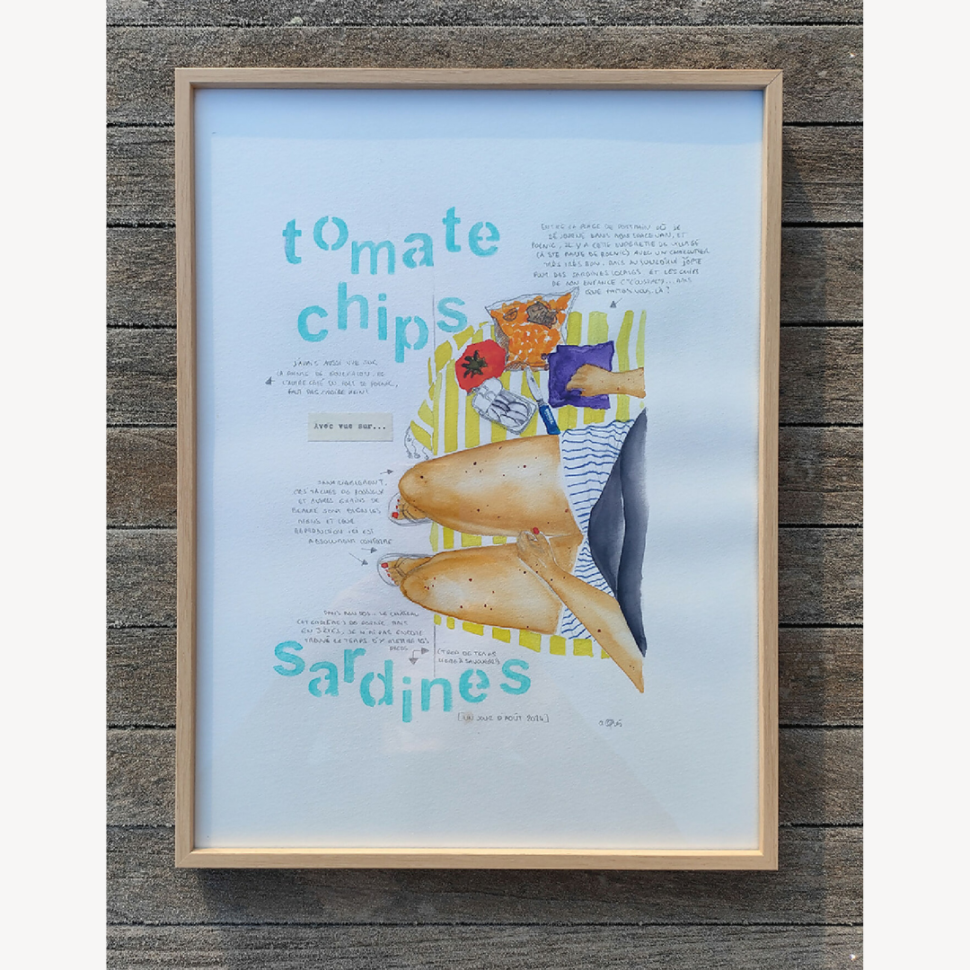 Affiche encadrée illustrée de sardines, typographie turquoise et cadre fin beige