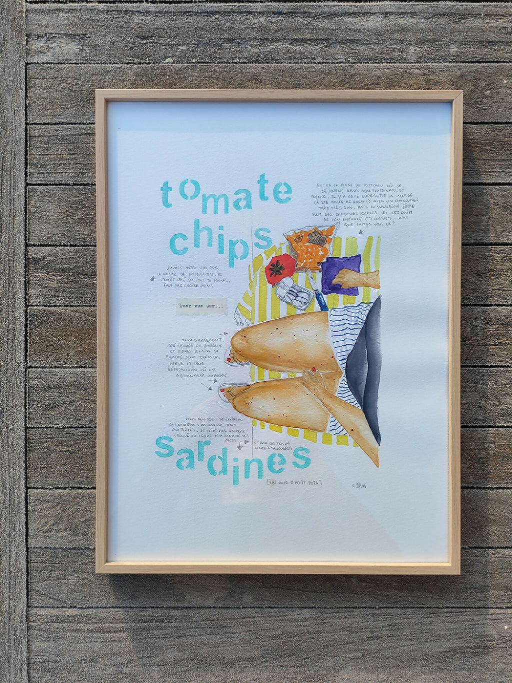 Affiche encadrée avec illustration de sardines et typographie turquoise sur fond clair