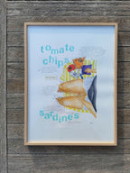 Affiche encadrée avec illustration de sardines et typographie turquoise sur fond clair