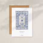 Carte illustrée motif kilim bleu encadré, avec enveloppe kraft et carte blanche
