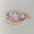 Illustration rapprochée d’un oiseau, yeux verts, traits et lignes orange