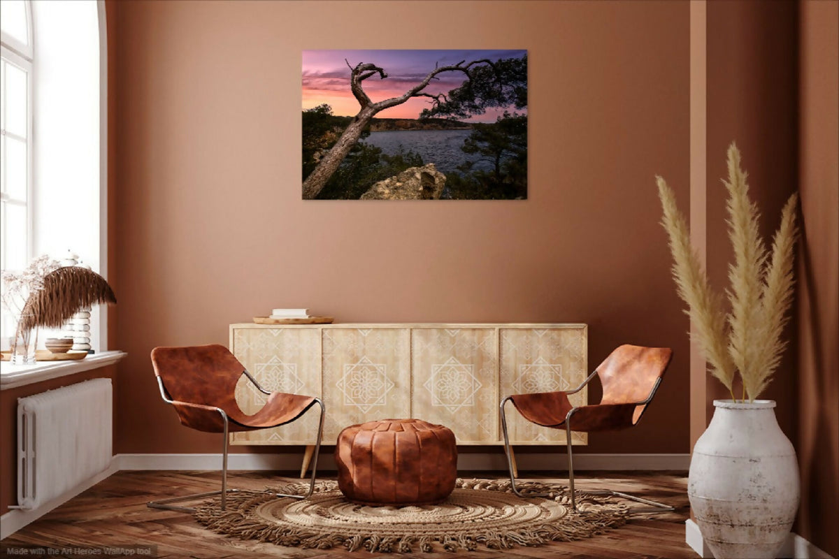 Tableau encadré avec paysage au coucher du soleil, accroché sur le mur