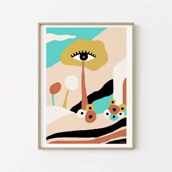 Illustration encadrée PHILOMÈNE : œil jaune sur bâton, personnages animaux, tons beige et turquoise.