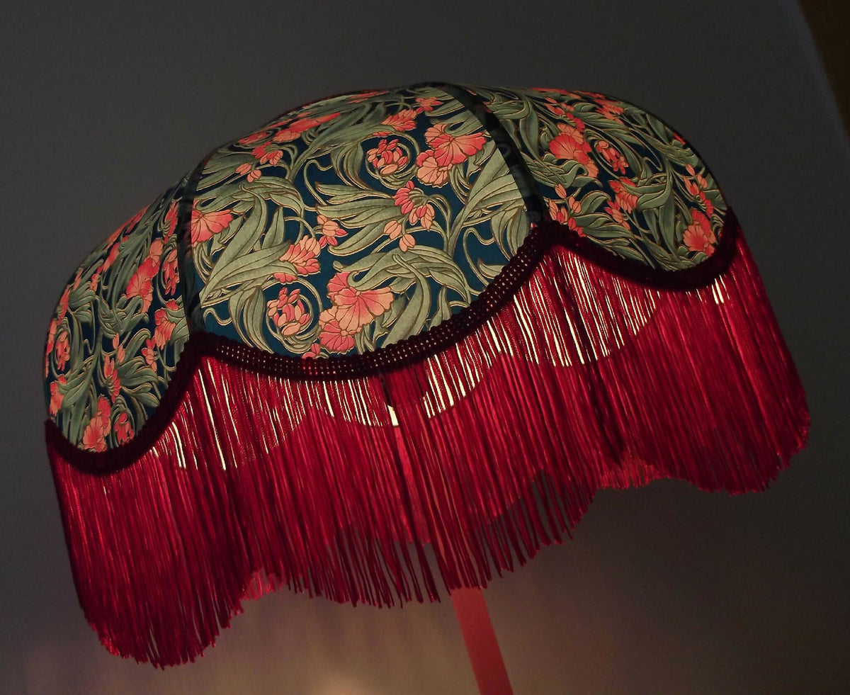 Abat-jour rétro en forme d’ombrage, motifs floraux colorés, franges bordeaux