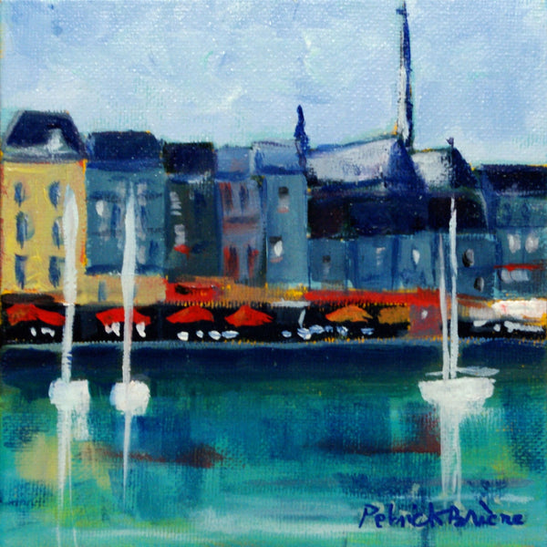 Tableau original de port, voiliers et maisons colorées, style peinture abstraite.